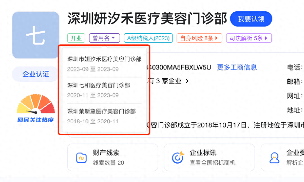 从莱斯黛、七和更名为深圳妍汐禾医美，马甲更