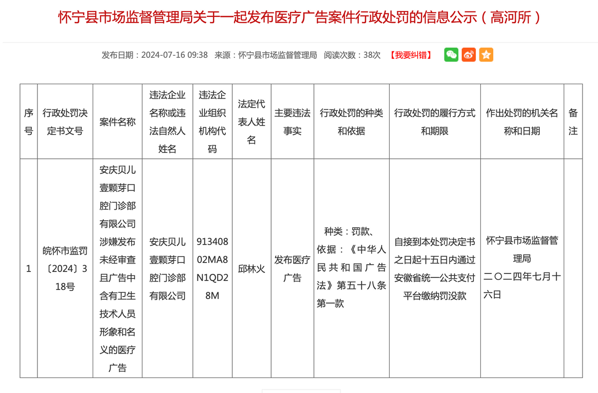 遭遇监管处罚背后，安庆贝儿壹颗芽口腔被嘲讽是“新手”